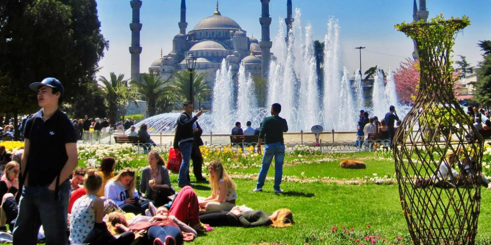 The Blue Mosque behind the fountain and tulip beds of Sultanahmet Park on a bright spring day