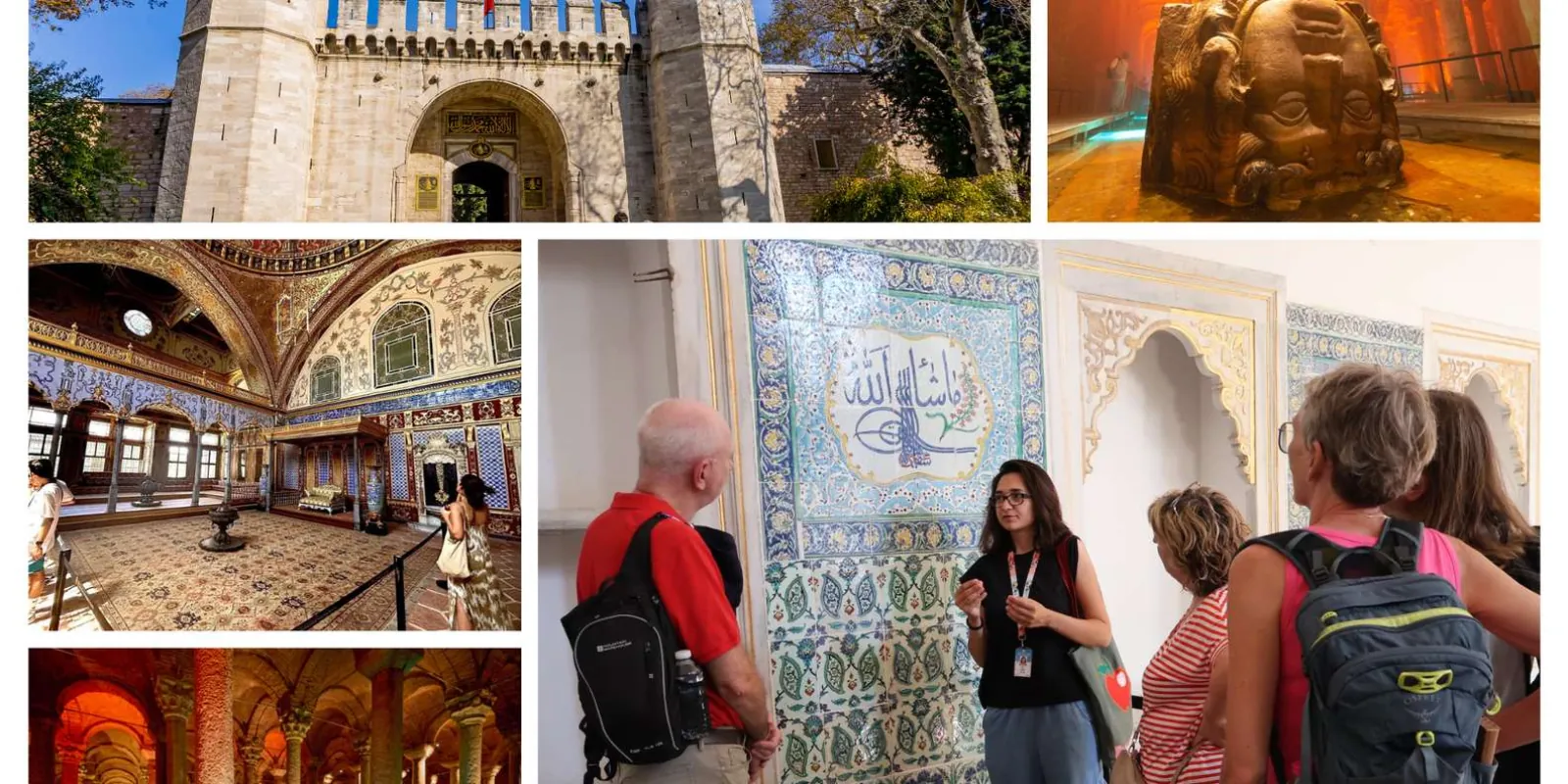 A four-panel composite of Topkapi Palace: the Gate of Salutation, the Medusa head in the Basilica Cistern, the Harem Imperial Hall and a guide explaining a tile panel