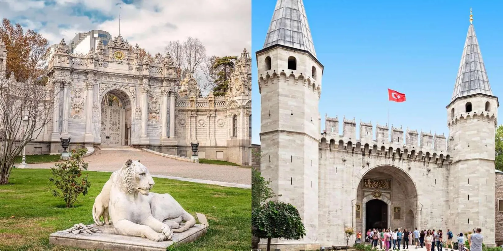 A split image pairing the ornate Dolmabahce Palace gate with the twin-towered Gate of Salutation at Topkapi Palace