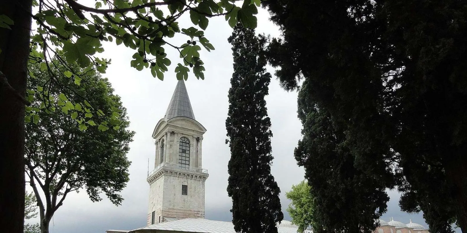 The Tower of Justice at Topkapi Palace framed by cypress and fig trees under a grey sky